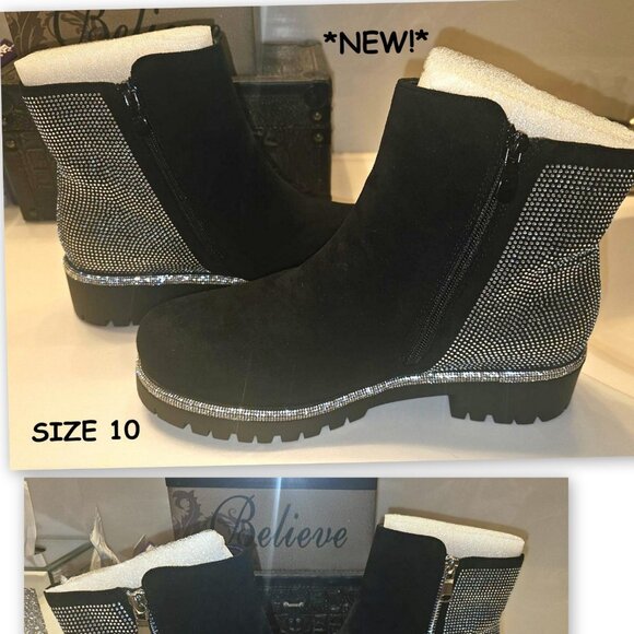 NEW! BLING BLACK SUEDE ANKLE BOOTIES- SIZE 10 - Picture 1 of 8